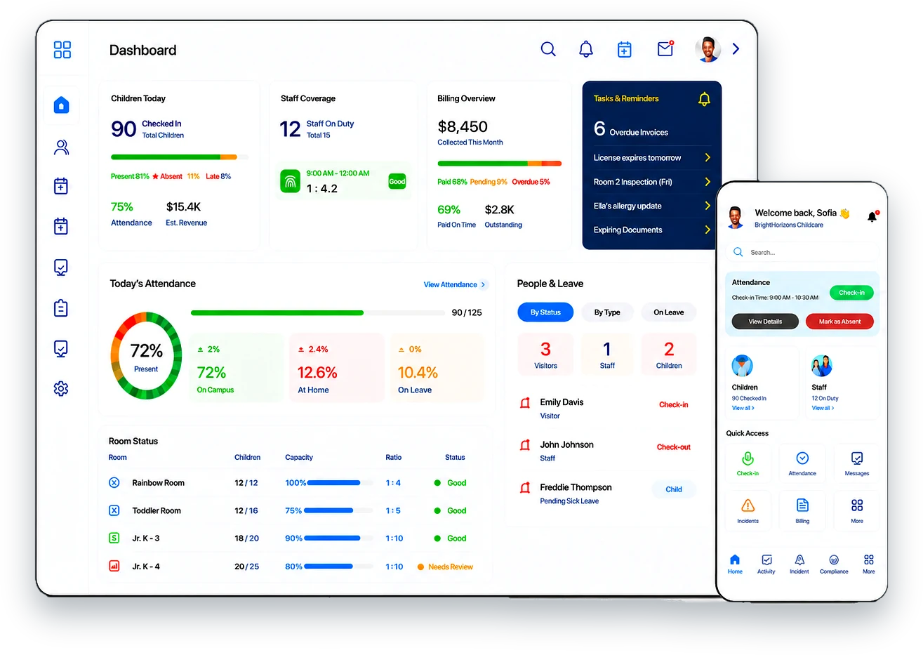 CubCare childcare management dashboard shown on a tablet and mobile app