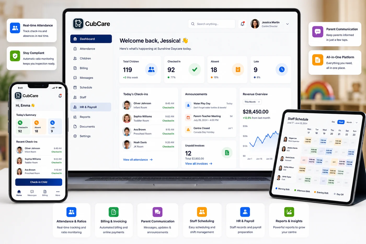 CubCare shown on laptop, phone and tablet with attendance, billing, messaging and scheduling
