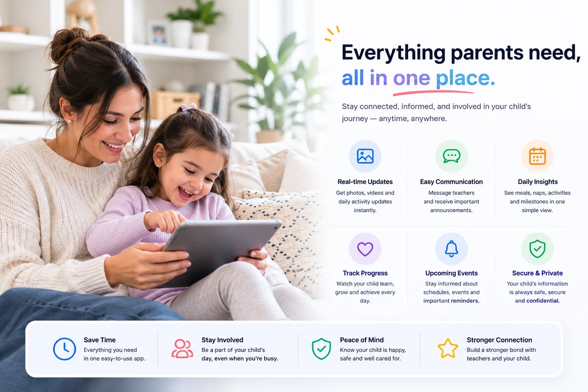 A parent and child using the CubCare family app together, showing updates, messaging and daily insights