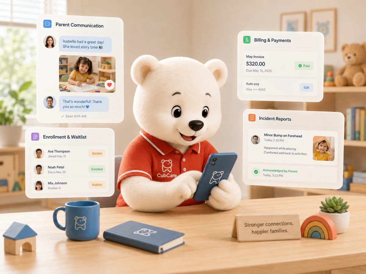 CubCare parent communication with photo updates, billing and payments, enrollment and waitlist, and incident reports